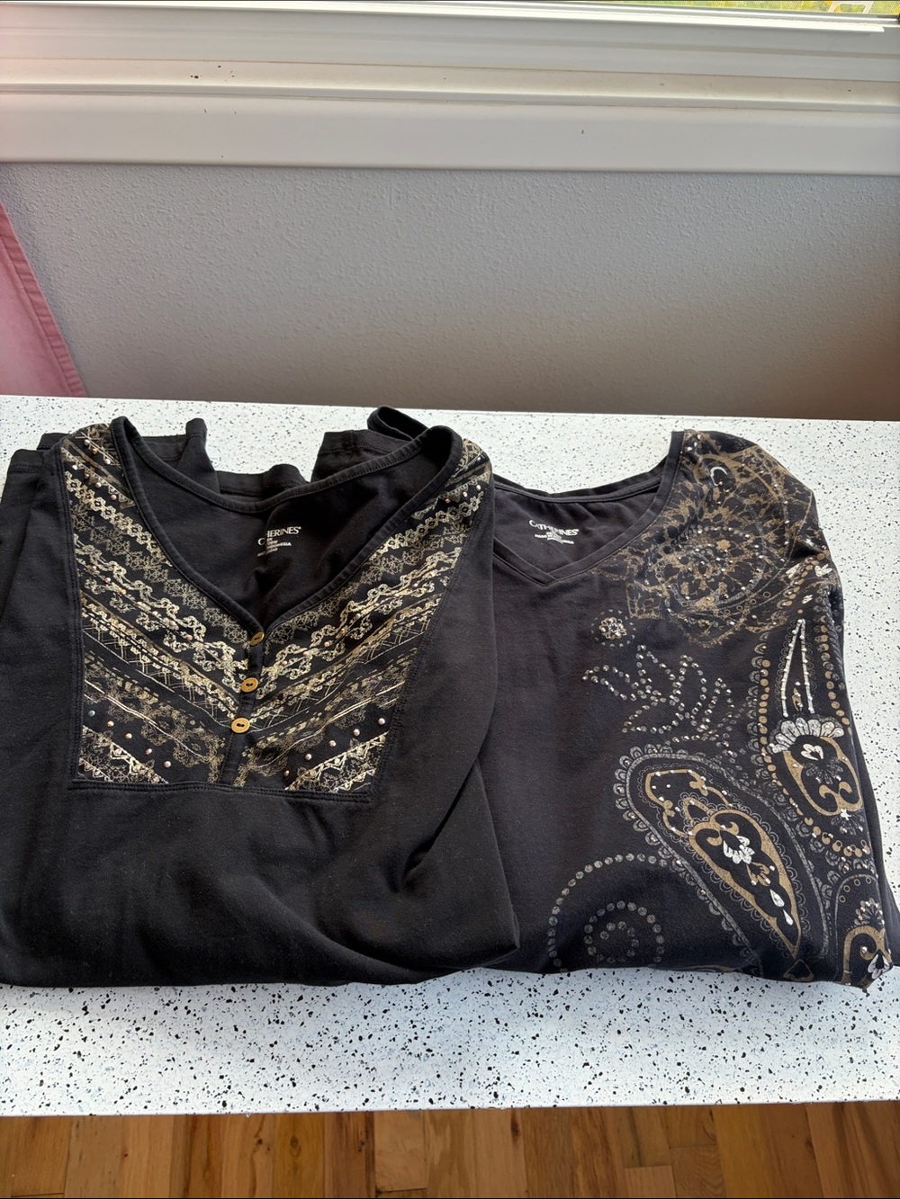 Lot of 2 3X Black tops with gold bling cotton spandex 3/4 sleeves V neck